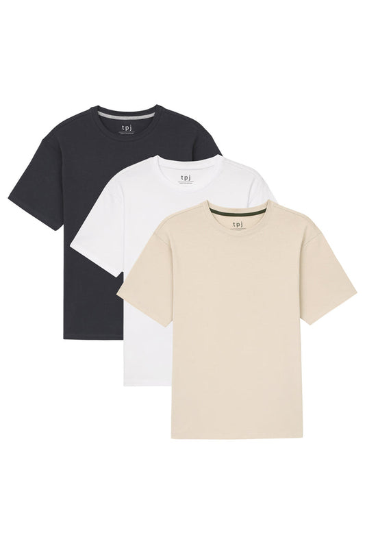 Three crew neck t-shirts in black, white, and beige with short sleeves displayed overlapping.