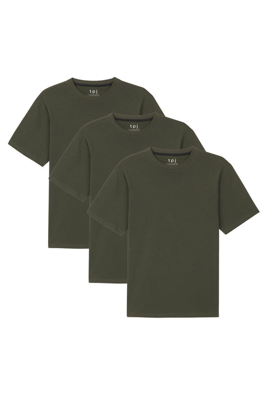 Three olive crew neck t-shirts with short sleeves, displayed layered on top of each other.