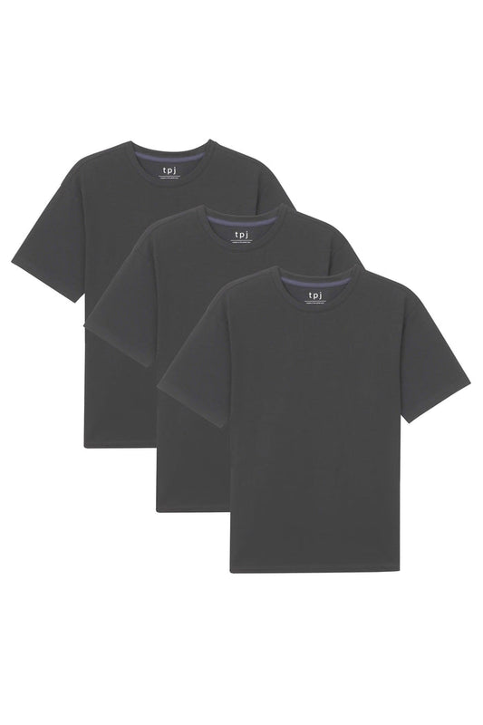Three dark gray crew neck t-shirts with short sleeves stacked overlapping each other.