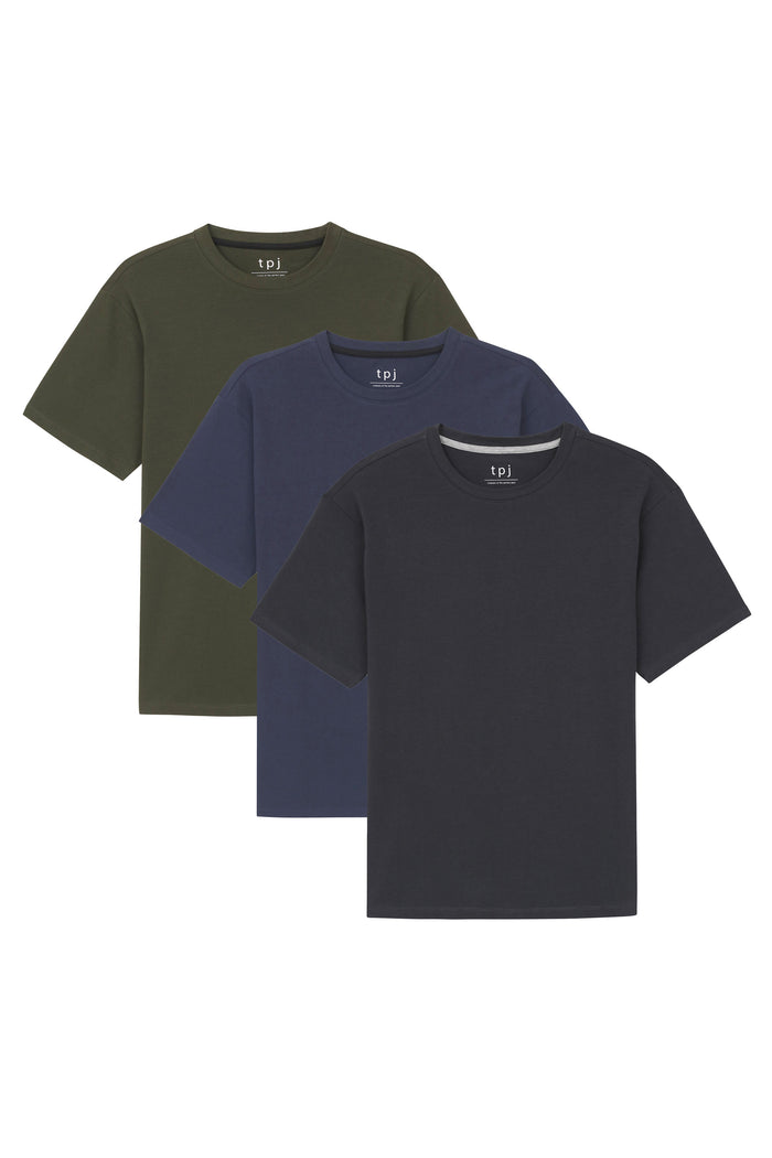 Three crew neck t-shirts in olive green, navy blue, and black displayed overlapping.