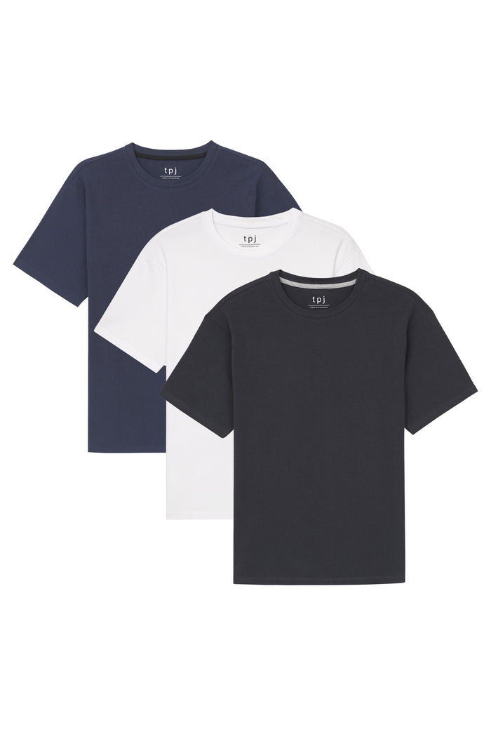 Three crew neck t-shirts in navy, white, and black with short sleeves and tpj branding.