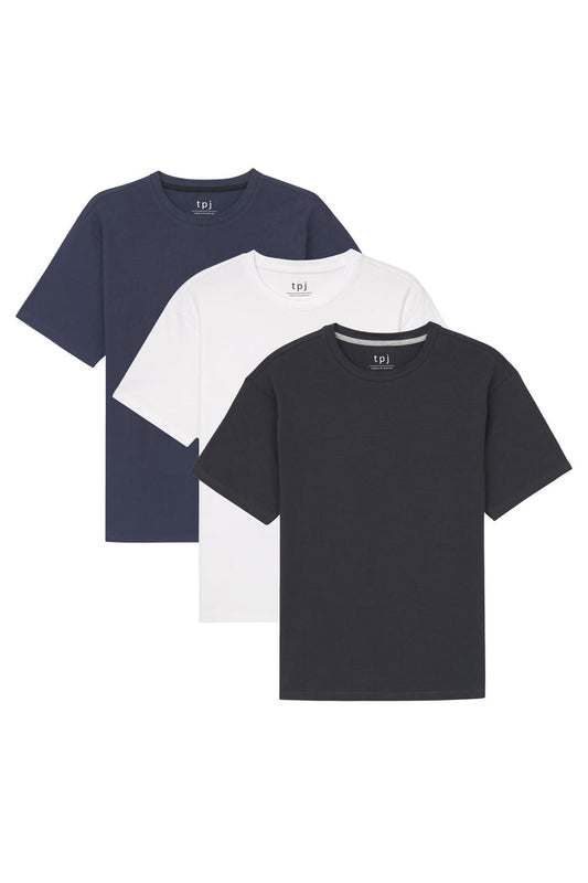 Three crew neck t-shirts in navy, white, and black with short sleeves and tpj branding.