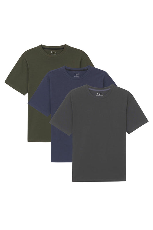 Three crew neck t-shirts in olive green, navy, and charcoal gray displayed overlapping.
