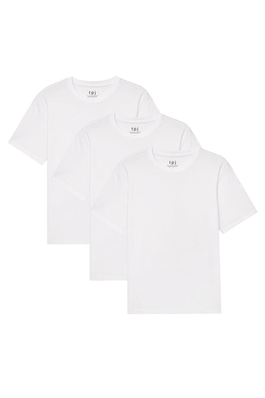 Three white crew neck t-shirts with "tpj" brand labels displayed in staggered arrangement.