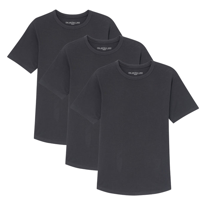 Three black crew neck short-sleeve t-shirts displayed layered.
