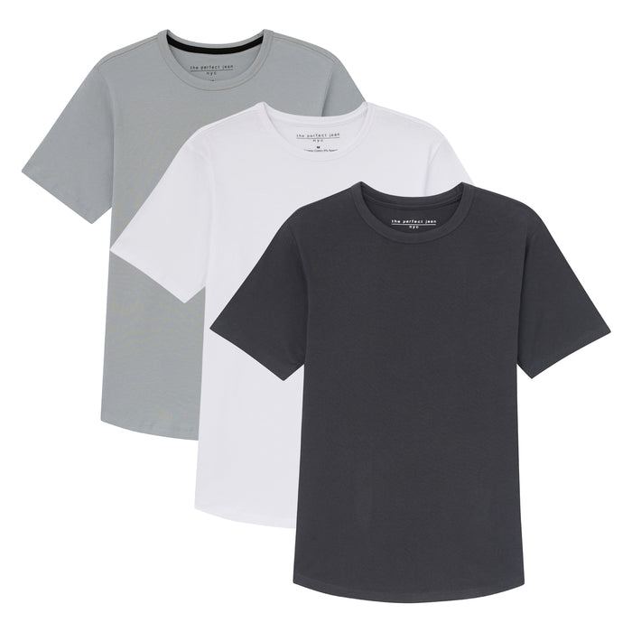 Three crew neck t-shirts in gray, white, and black displayed overlapping.