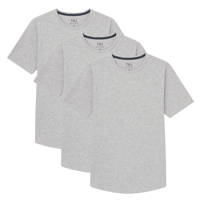 Three heather grey crew neck t-shirts with short sleeves and navy trim, displayed layered.