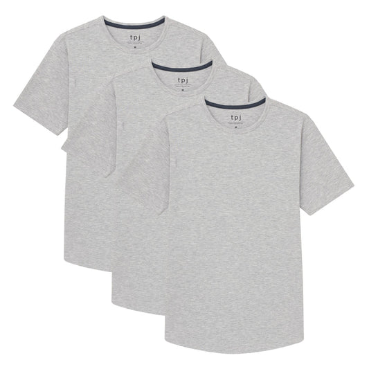 Three heather grey crew neck t-shirts with short sleeves and navy trim, displayed layered.