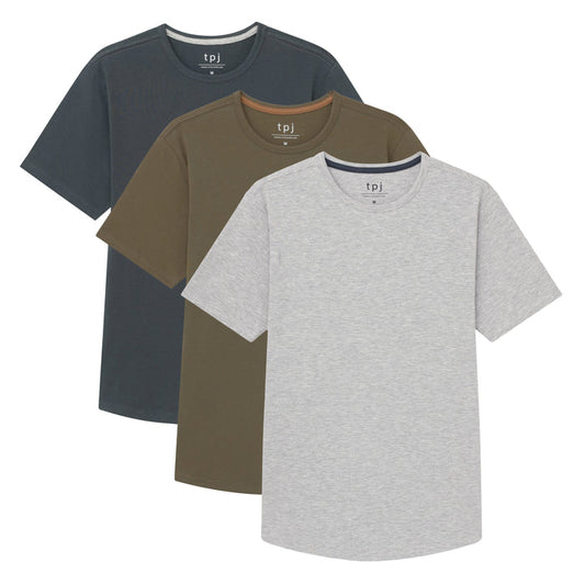 Three crew neck t-shirts in charcoal, olive, and light gray with branded labels.
