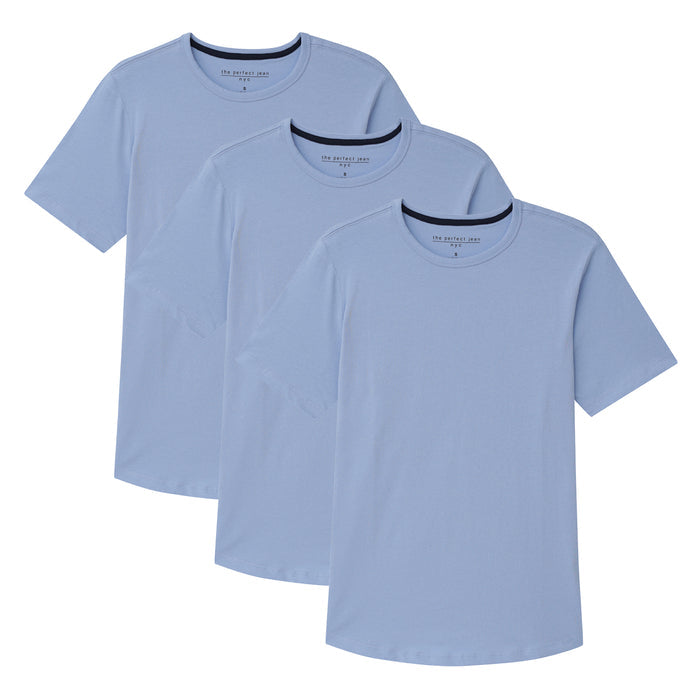 Three light blue crew neck t-shirts with short sleeves, stacked overlapping display.