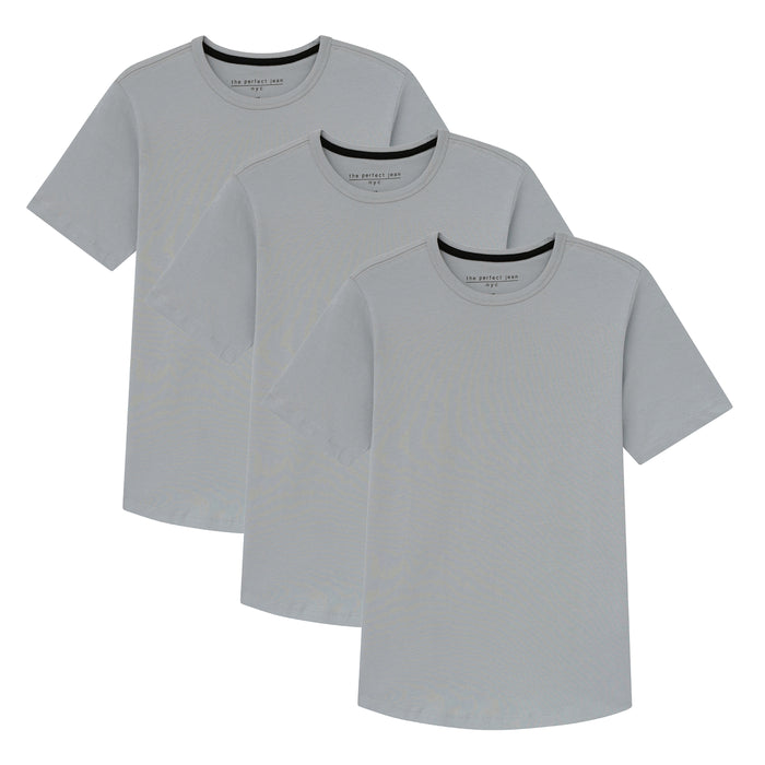 Three light grey crew neck t-shirts with short sleeves stacked overlapping.