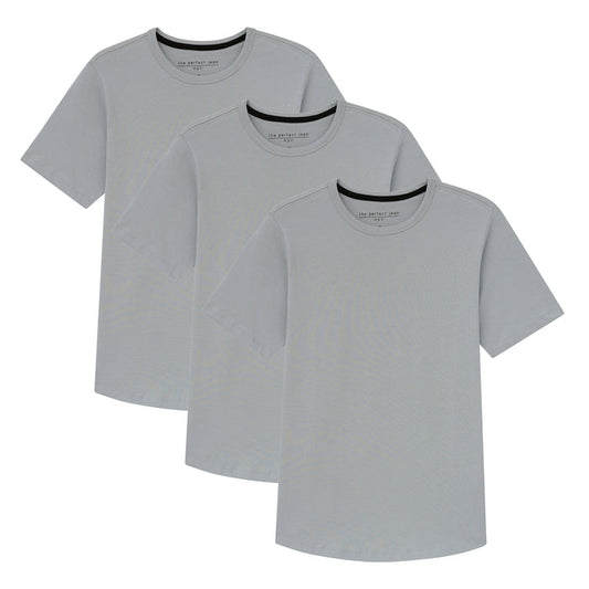 Three light grey crew neck t-shirts with short sleeves stacked overlapping.