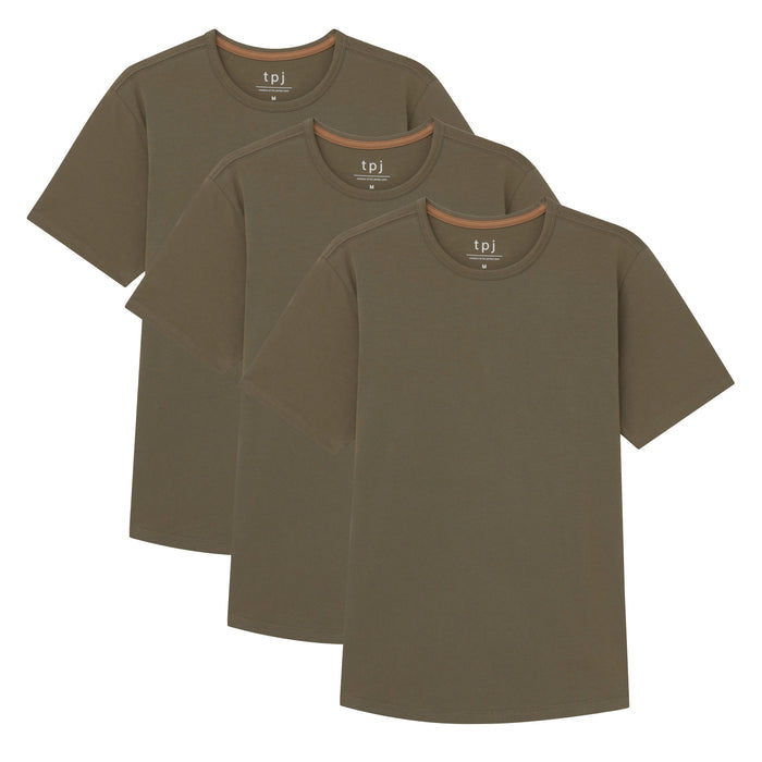 Three military olive crew neck t-shirts with brown trim displayed overlapping.