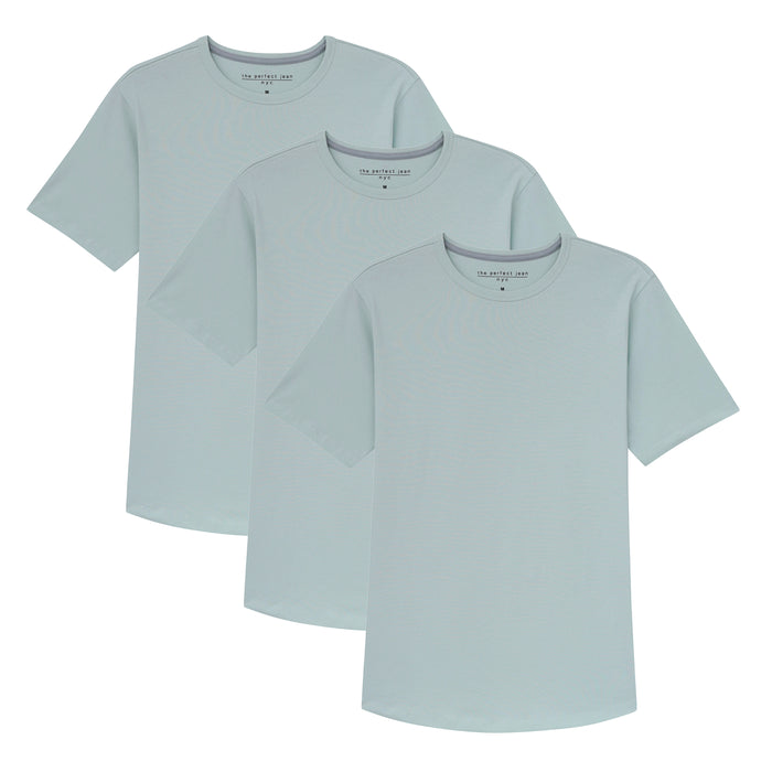 Three mint green crew neck t-shirts with short sleeves displayed overlapping.