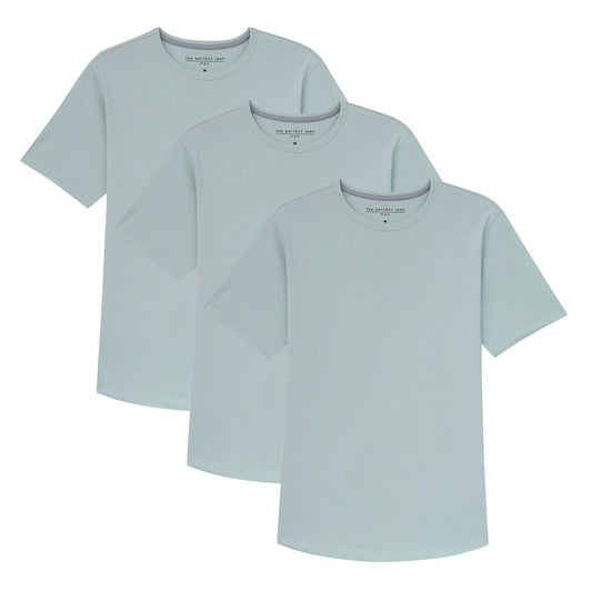 Three mint green crew neck t-shirts with short sleeves displayed overlapping.