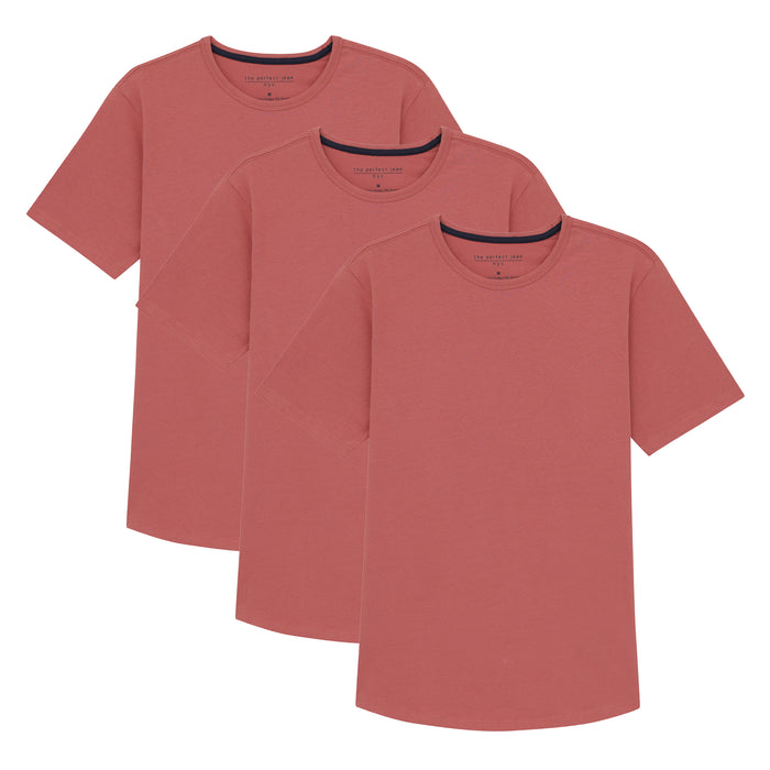 Three Nantucket red crew neck t-shirts with short sleeves stacked in an overlapping display.