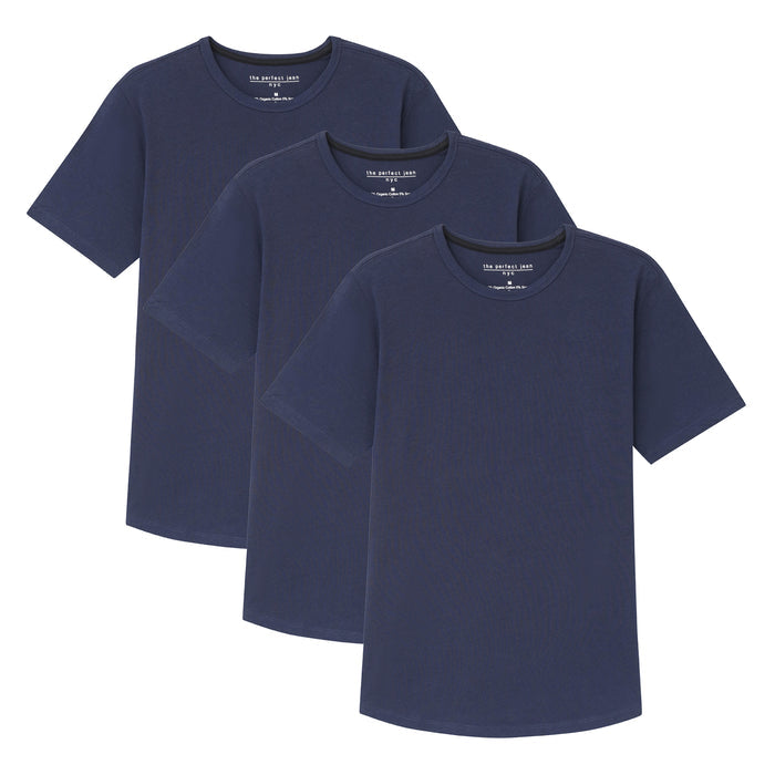 Three navy crew neck t-shirts with short sleeves displayed in a tiered arrangement.