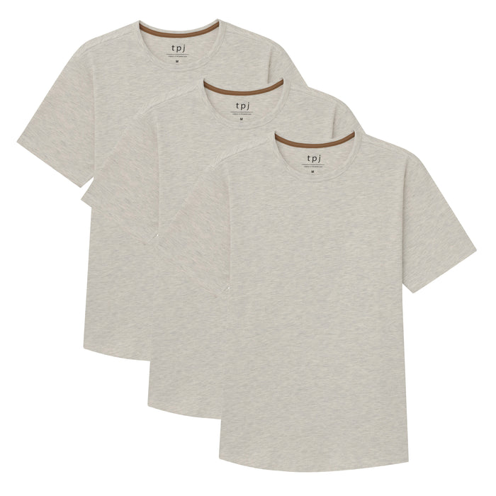 Three oatmeal heather crew neck t-shirts with short sleeves and brown trim, displayed overlapping.
