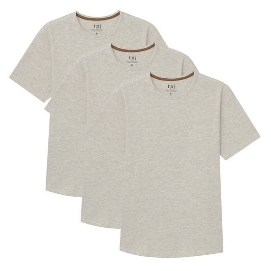 Three oatmeal heather crew neck t-shirts with short sleeves and brown trim, displayed overlapping.