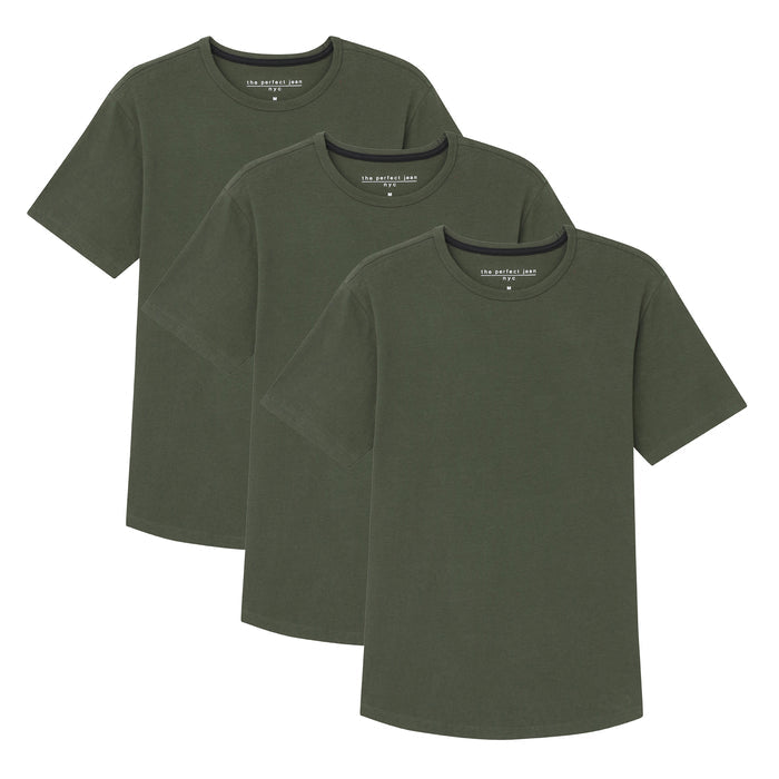 Three olive green crew neck t-shirts with short sleeves, displayed layered together.