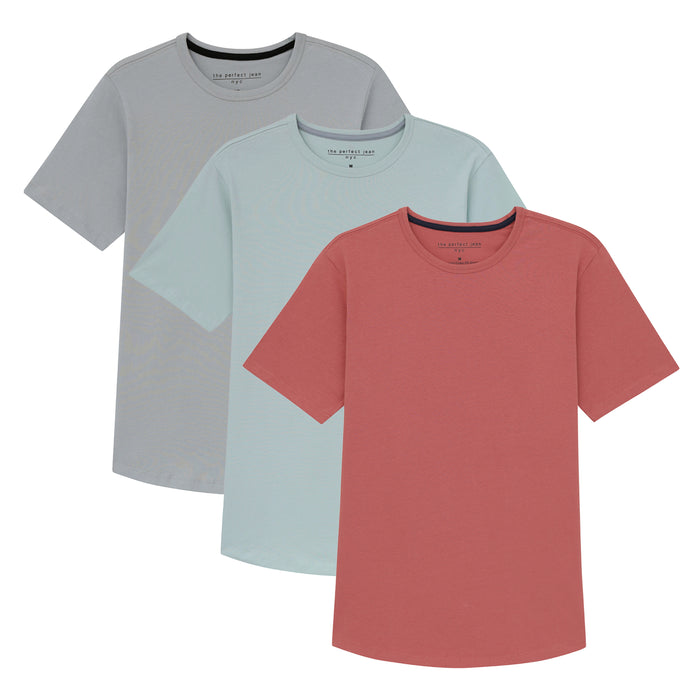 Three crew neck t-shirts in gray, light blue, and coral red with short sleeves.