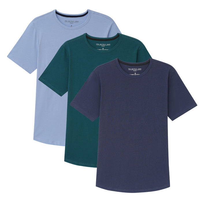 Three crew neck t-shirts in light blue, dark teal, and navy blue.
