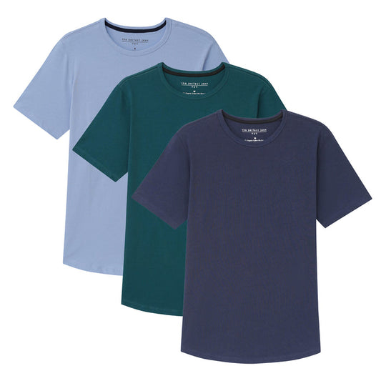 Three crew neck t-shirts in light blue, dark teal, and navy blue.