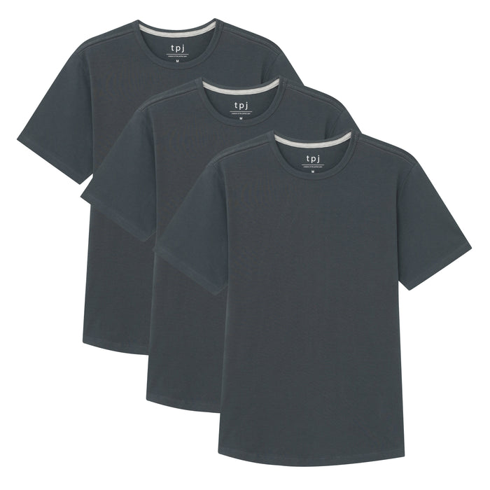 Three steel gray crew neck t-shirts with short sleeves and contrast trim, displayed layered.
