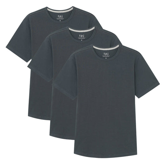 Three steel gray crew neck t-shirts with short sleeves and contrast trim, displayed layered.