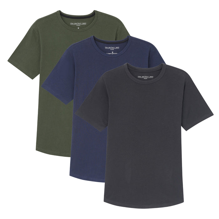 Three crew neck t-shirts in olive green, navy, and black displayed overlapping.