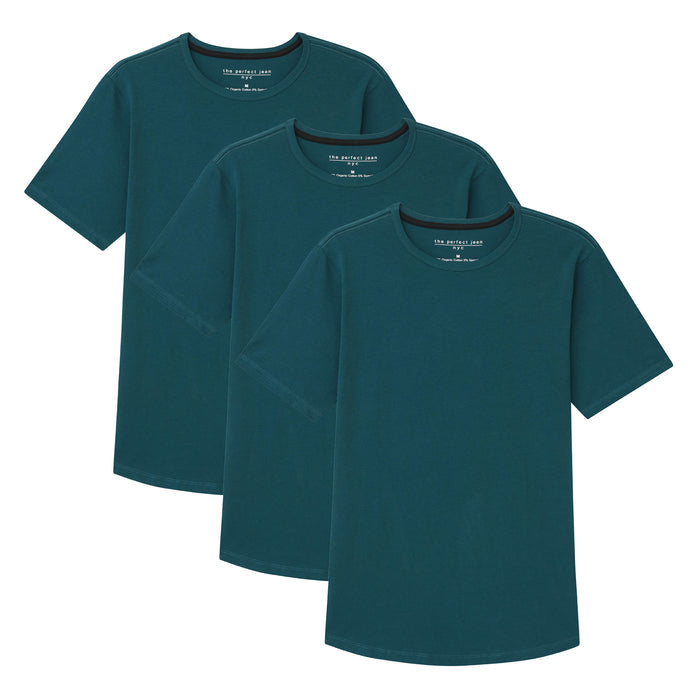 Three teal crew neck t-shirts arranged in an overlapping display.