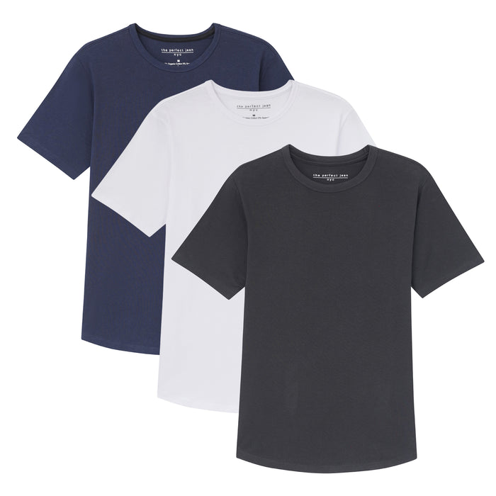 Three crew neck t-shirts in navy, white, and black displayed overlapped.