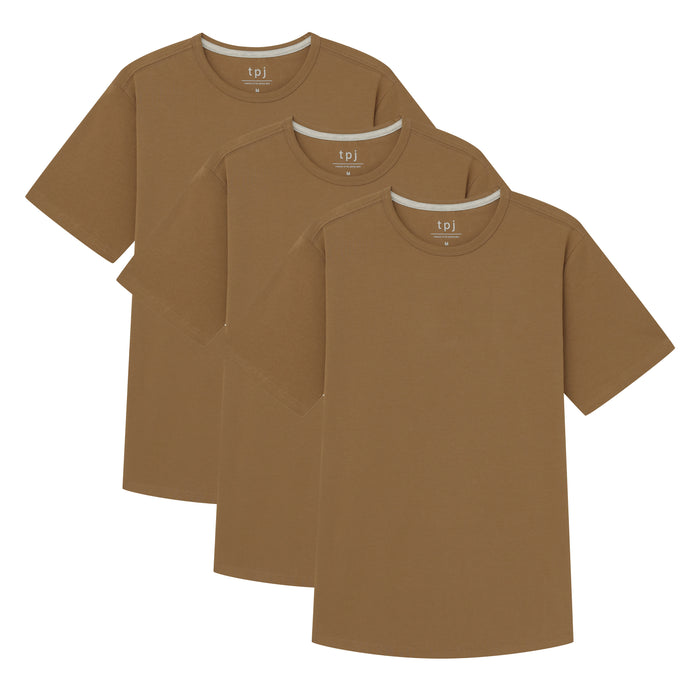 Three tobacco brown crew neck t-shirts with short sleeves and contrasting trim displayed overlapping.