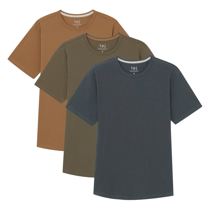 Three crew neck t-shirts in tan, olive, and navy blue displayed overlapping with visible brand labels.