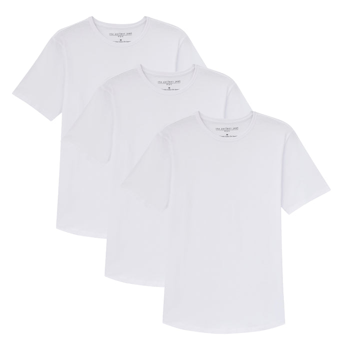 Three white crew neck short-sleeve t-shirts stacked and overlapping.