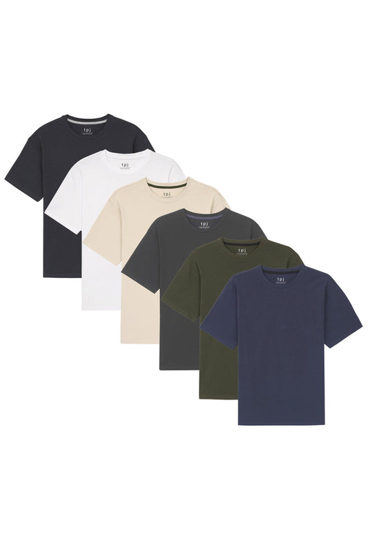 Six crew neck t-shirts in black, white, beige, charcoal, olive, and navy with short sleeves displayed overlapping.