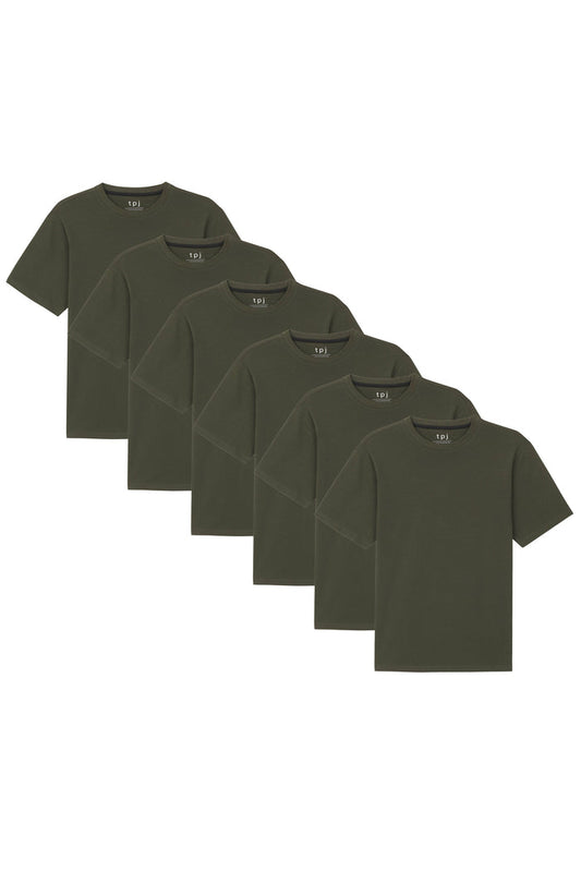 Six olive crew neck short-sleeve t-shirts displayed in a cascading arrangement.