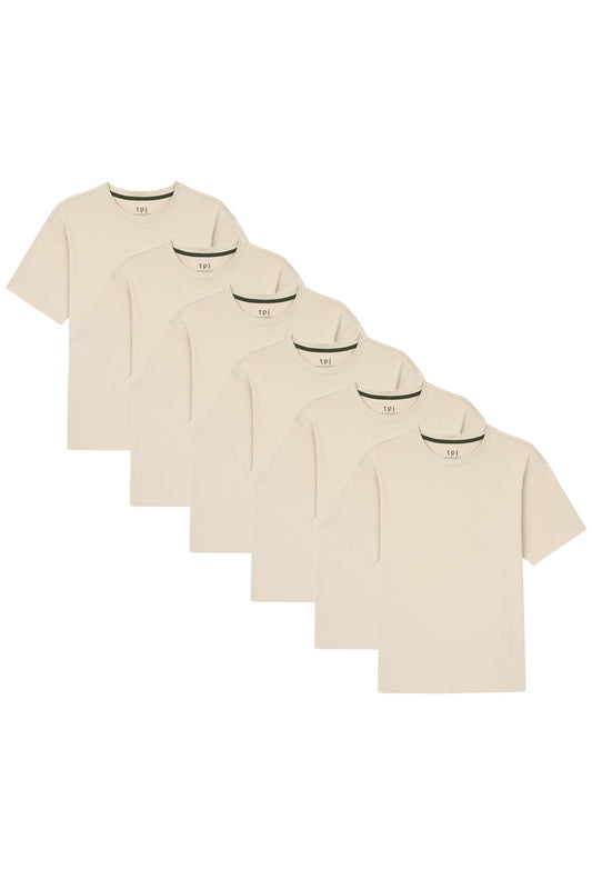 Six tan crew neck t-shirts with short sleeves displayed in an overlapping arrangement.