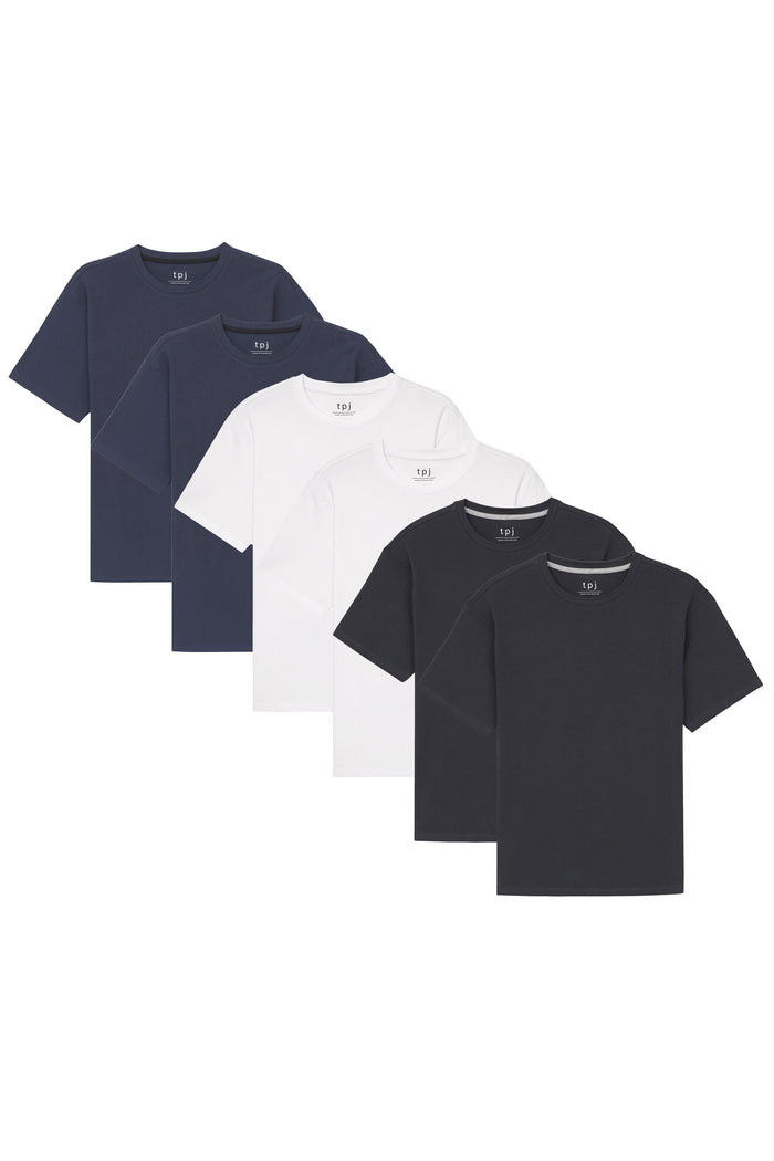 Six crew neck t-shirts in navy, white, and black with short sleeves, arranged in overlapping rows.