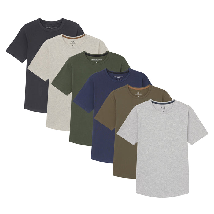 Six crew neck t-shirts in black, beige, olive, navy, brown, and gray.