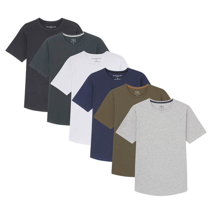 Six crew neck t-shirts in black, dark teal, white, navy, olive, and gray.