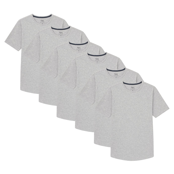 Six heather grey crew neck t-shirts stacked in graduating sizes, each with dark trim at neckline and "tpj" brand label.