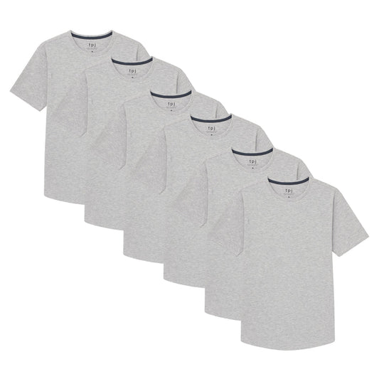 Six heather grey crew neck t-shirts stacked in graduating sizes, each with dark trim at neckline and "tpj" brand label.