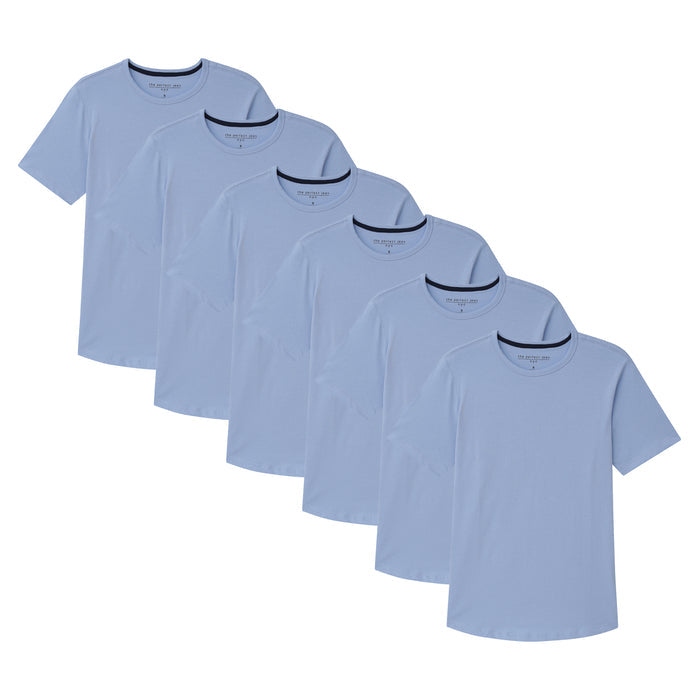 Six light blue crew neck t-shirts with short sleeves arranged in a overlapping display.