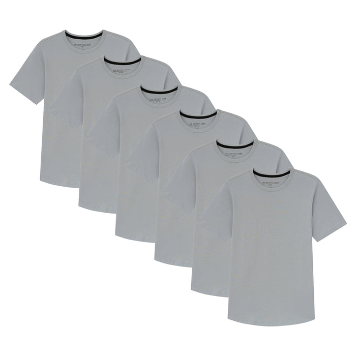 Six light grey crew neck t-shirts with short sleeves arranged in an overlapping display.
