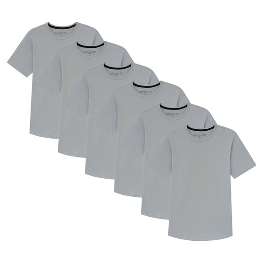 Six light grey crew neck t-shirts with short sleeves arranged in an overlapping display.