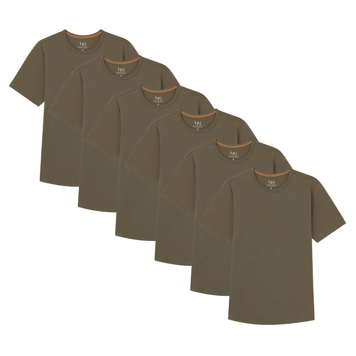 Six military olive crew neck t-shirts stacked and displayed.