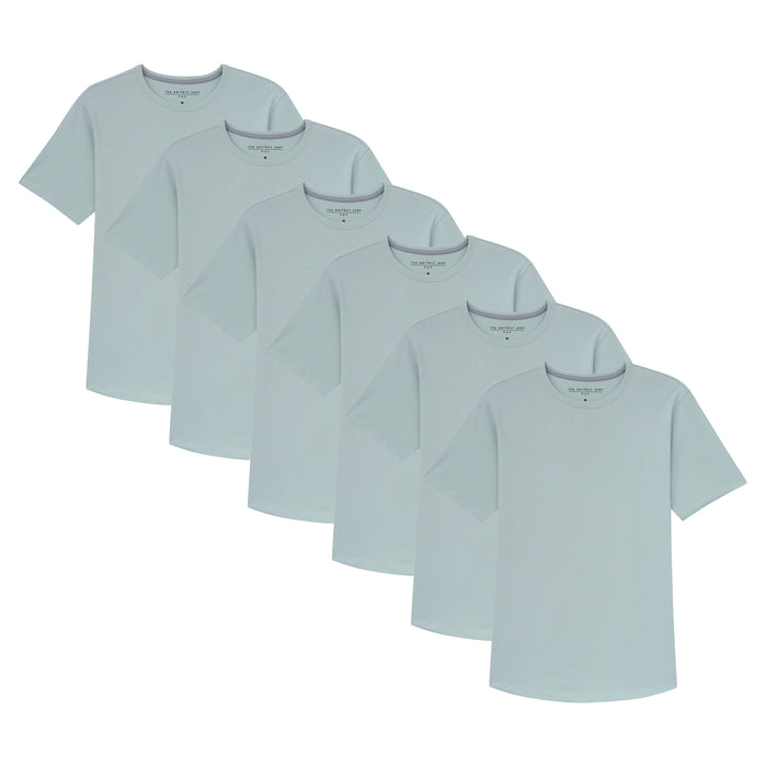 Six mint green crew neck t-shirts arranged in a cascading display.