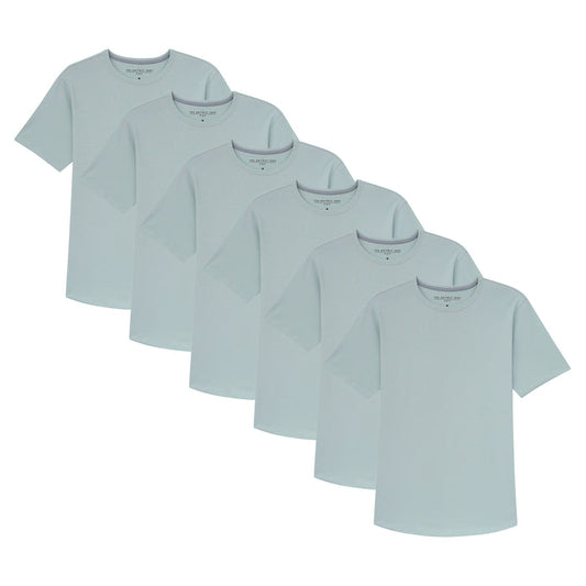 Six mint green crew neck t-shirts arranged in a cascading display.