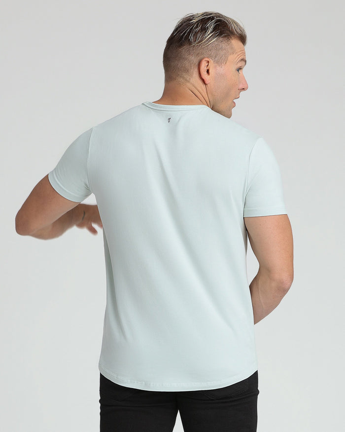 Mint crew neck t-shirt with short sleeves displayed on male model, back view.